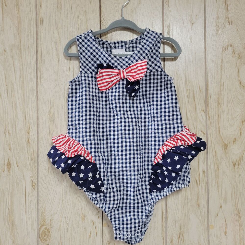 IRIS & IVY 4th of july red blue white bubble ruffle romper